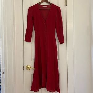 Reformation Red 3/4 Sleeve Button Up Midi Dress